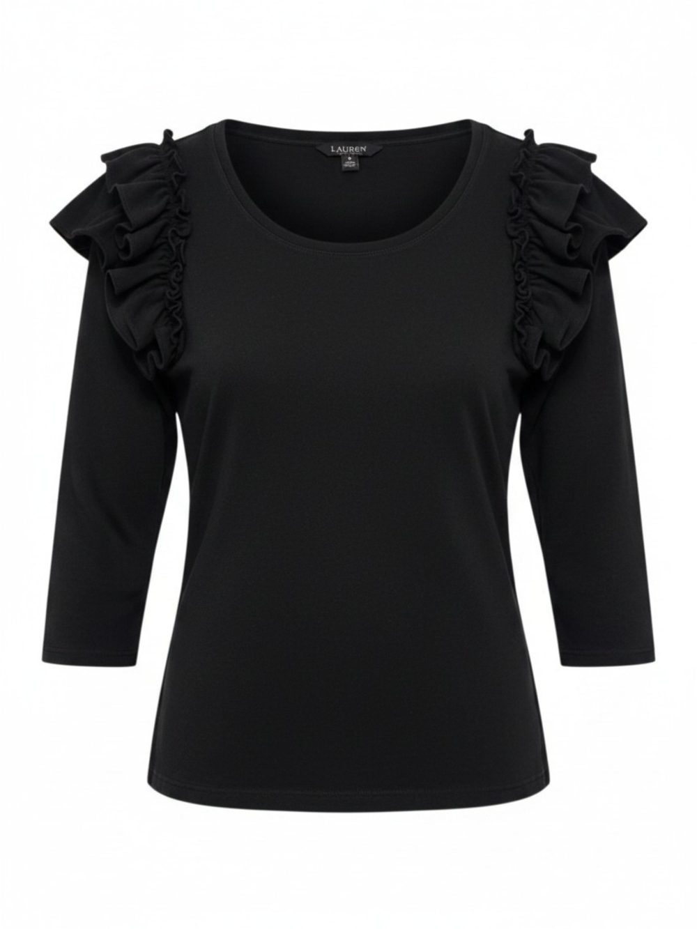 Lauren Ralph Lauren Black Ruffle Shoulder 3/4 Sleeve Stretch Top M